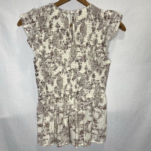 MINE Anthropologie Blouse Smocked Peplum Flutter Sleeve Womens S Cream Brown - Picture 3 of 13